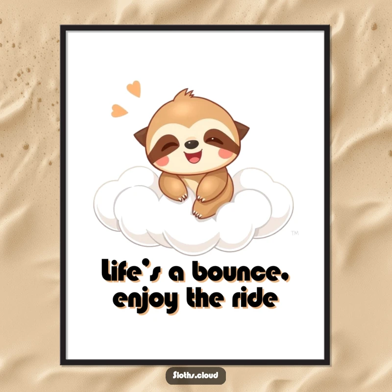 Funny Free Printable Sloth Wall Art: A laughing sloth joyfully bouncing high on a springy cloud, radiating pure, infectious fun.
