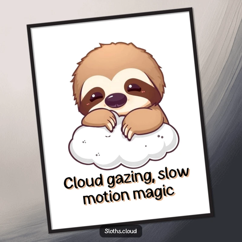 Free Printable Wall Art: A playful sloth gently nudges a soft, fluffy cloud with its nose, creating a whimsical scene.