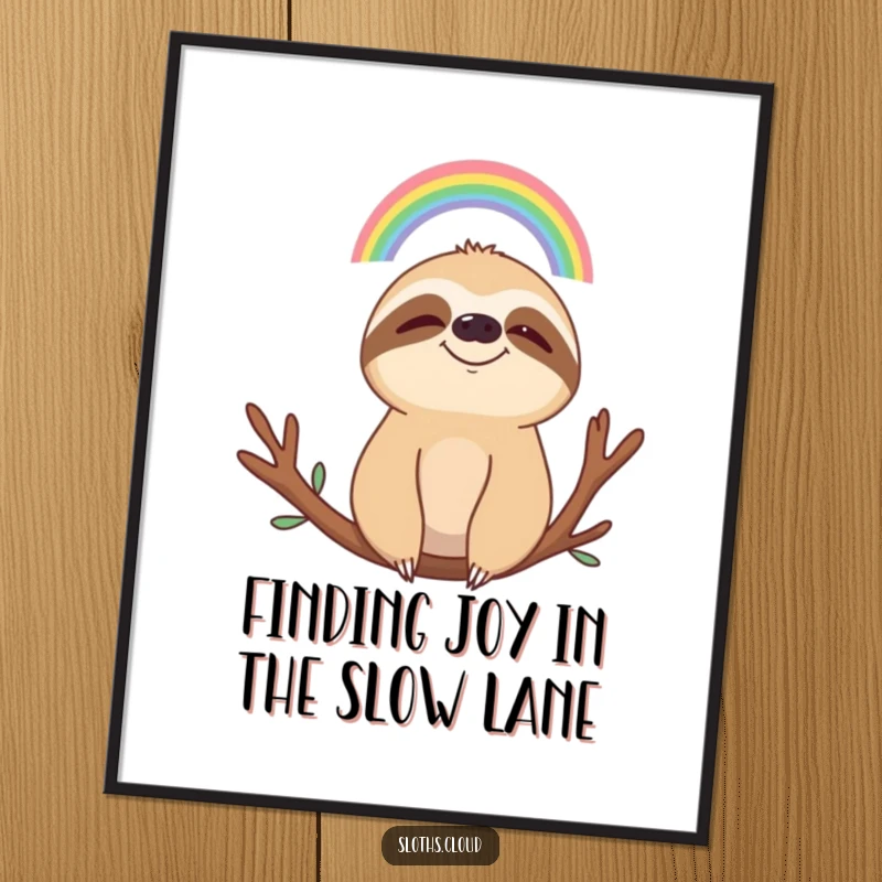 Free Printable Wall Art: A serene sloth with a gentle smile observes a tiny, bright rainbow arching gracefully above.