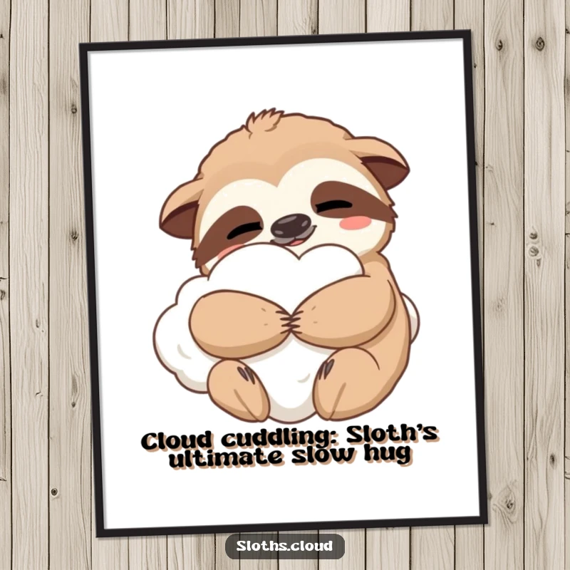 Free Printable Wall Art: A sloth holds a fluffy cloud in a contented hug, radiating warmth and peacefulness, downloadable decor.