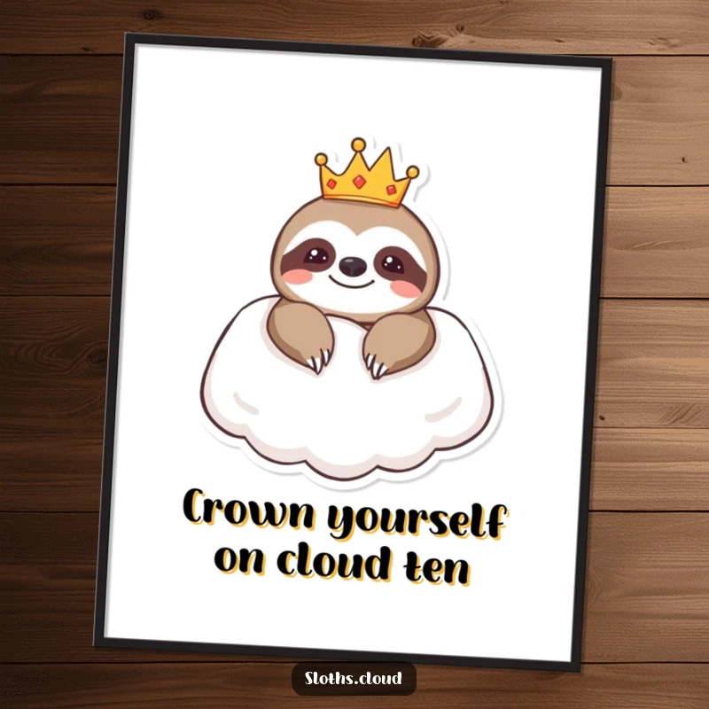 Funny Free Printable Wall Art: A sloth wearing a tiny crown rests elegantly on a soft cloud pillow.