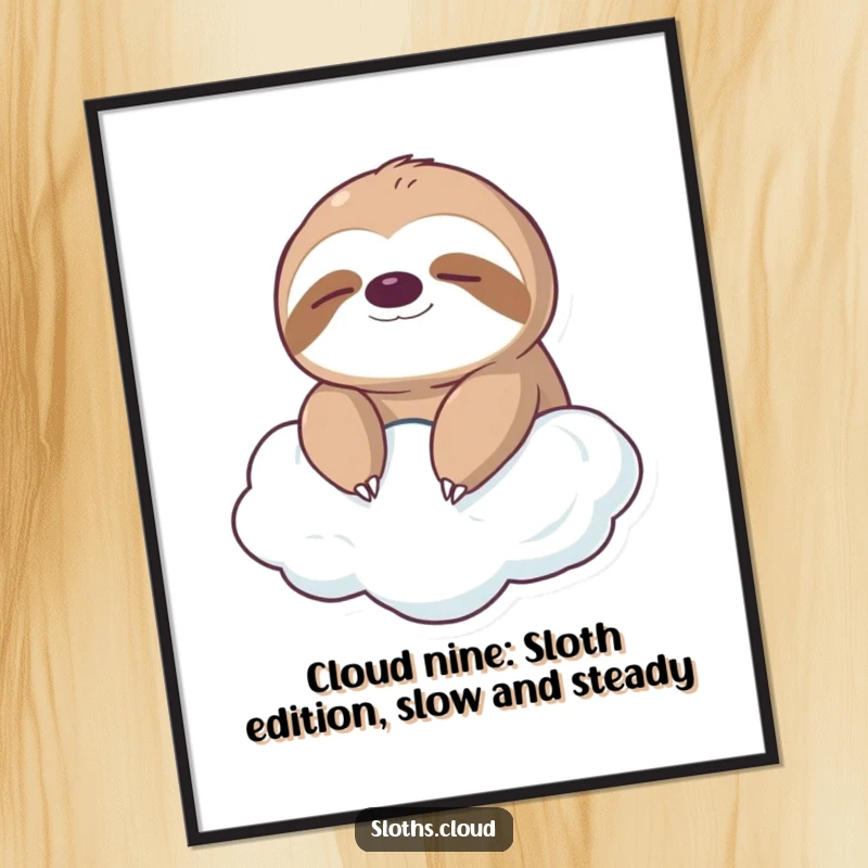 Free Printable Wall Art: A cute sloth with eyes shut floats contentedly on a fluffy cloud, embodying ultimate relaxation, downloadable art.