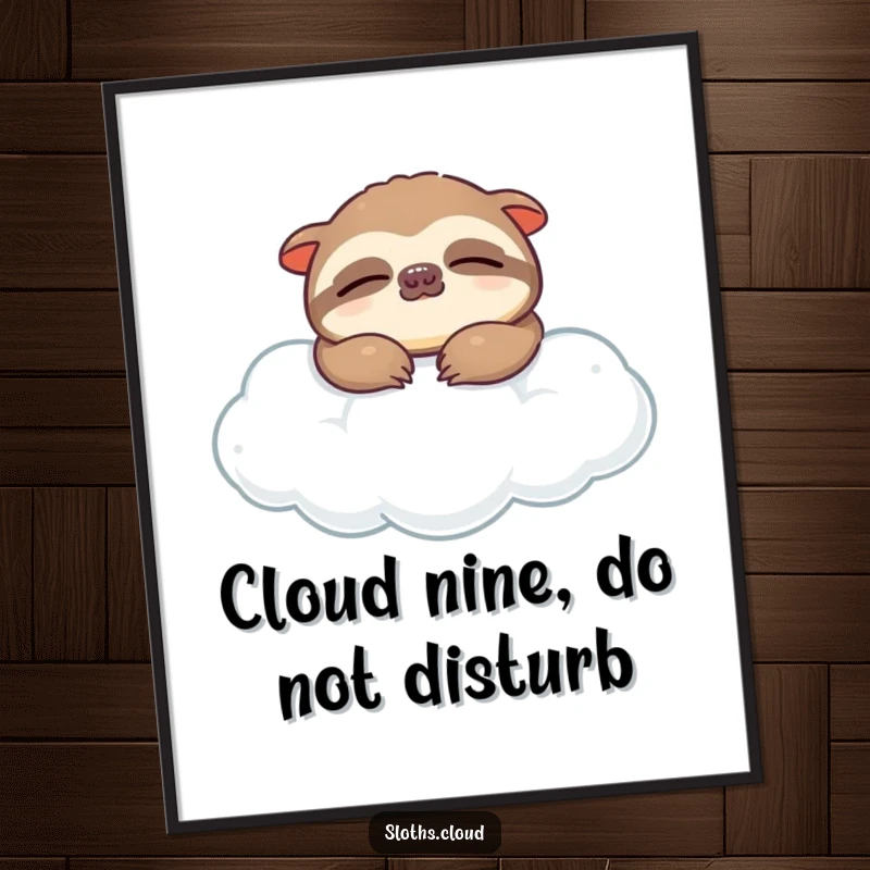 Funny Free Printable wall art of a content sloth peacefully sleeping on a fluffy cloud, radiating tranquility and gentle humor.