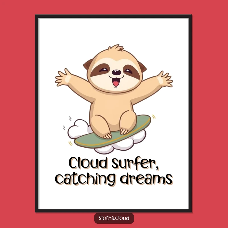 Funny Printable Wall Art: Surfing Sloth Cloud Art, Humorous Downloadable Decor Gift