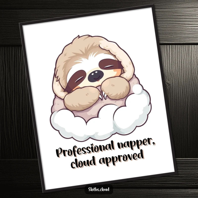 Funny Free Printable Wall Art: Sloth peacefully napping, wrapped in a soft cloud blanket. Cozy, humorous downloadable decor.