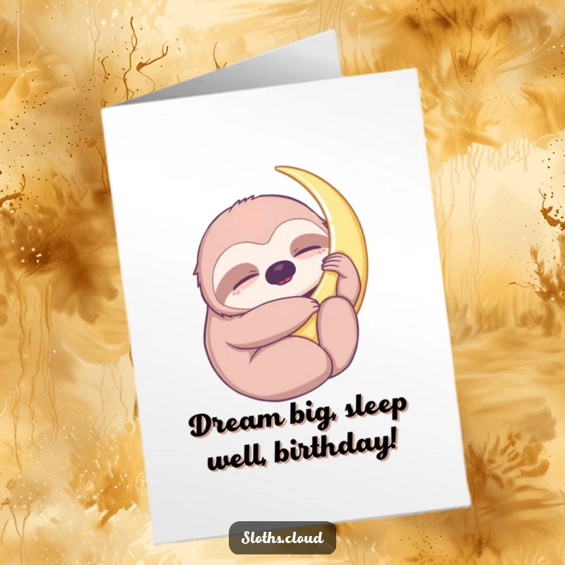 Funny Free Printable Birthday Card: A sloth with closed eyes gently hugs a crescent moon, wishing sweet dreams.