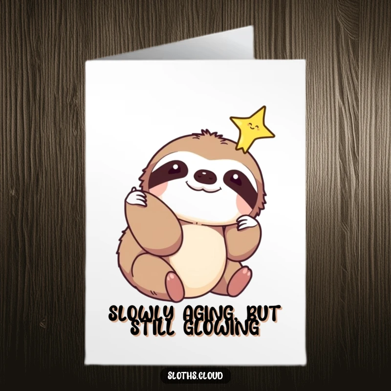 Sweet free printable birthday card showing a serene sloth reaching out to gently touch a sparkling star in the night sky.