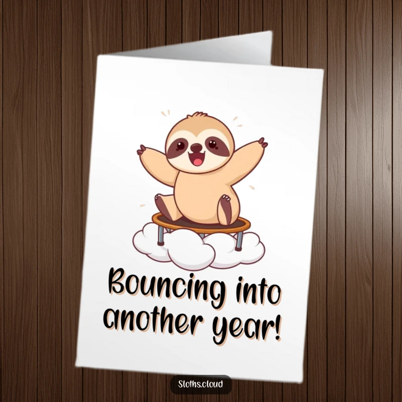 Funny Free Printable Birthday Card: A sloth is joyfully bouncing high on a cloud like a trampoline.