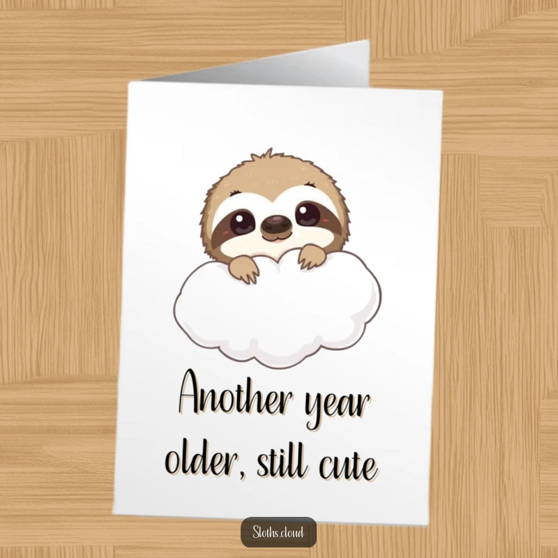Funny Free Printable Birthday Card featuring a curious sloth peeking from behind a fluffy cloud, ready to celebrate.