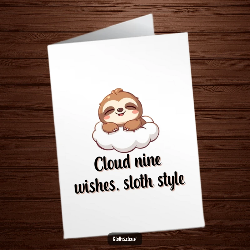 Funny Free Printable Birthday Card: Smiling sloth floats joyfully on a fluffy cloud, spreading birthday cheer. A hilarious downloadable.