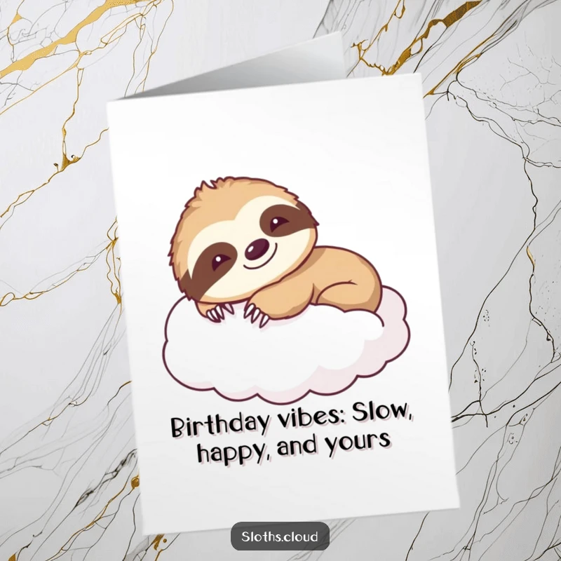 Free Printable Birthday Card: A happy sloth smiles while stretching languidly on a soft, fluffy cloud, representing pure birthday bliss, printable.