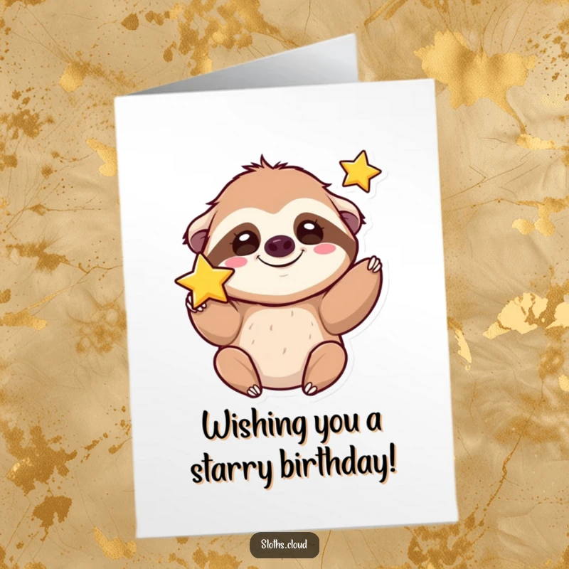 Funny Free Printable Birthday Card: A kawaii sloth with a silly grin joyfully tosses a sparkling star, celebrating a birthday with celestial magic.