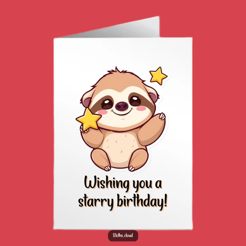 Free Printable Birthday Card: Kawaii Sloth Tosses Star - Happy Birthday!