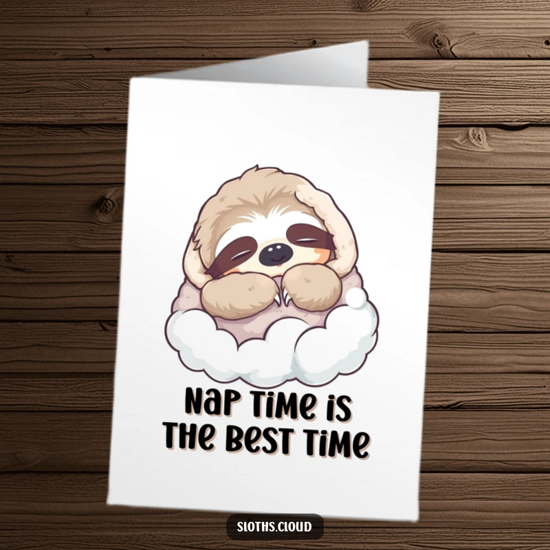 Funny Free Printable Birthday Card: Sloth napping soundly wrapped in a cloud blanket, looking cozy. Adorable downloadable.