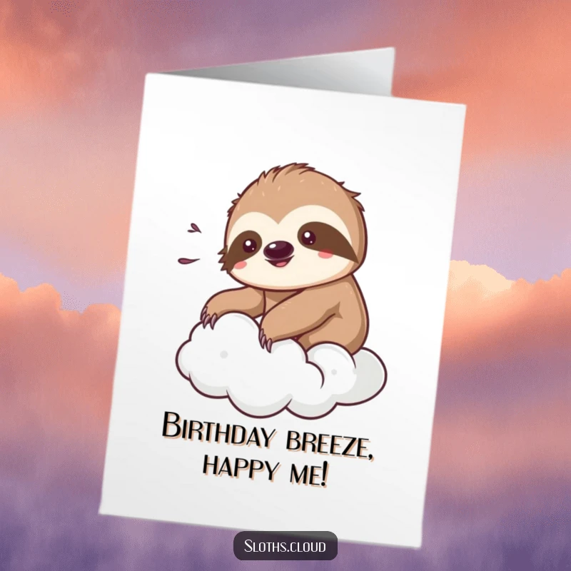 Funny Free Printable Birthday Card: A kawaii sloth relaxed on a cloud, enjoying a gentle breeze.