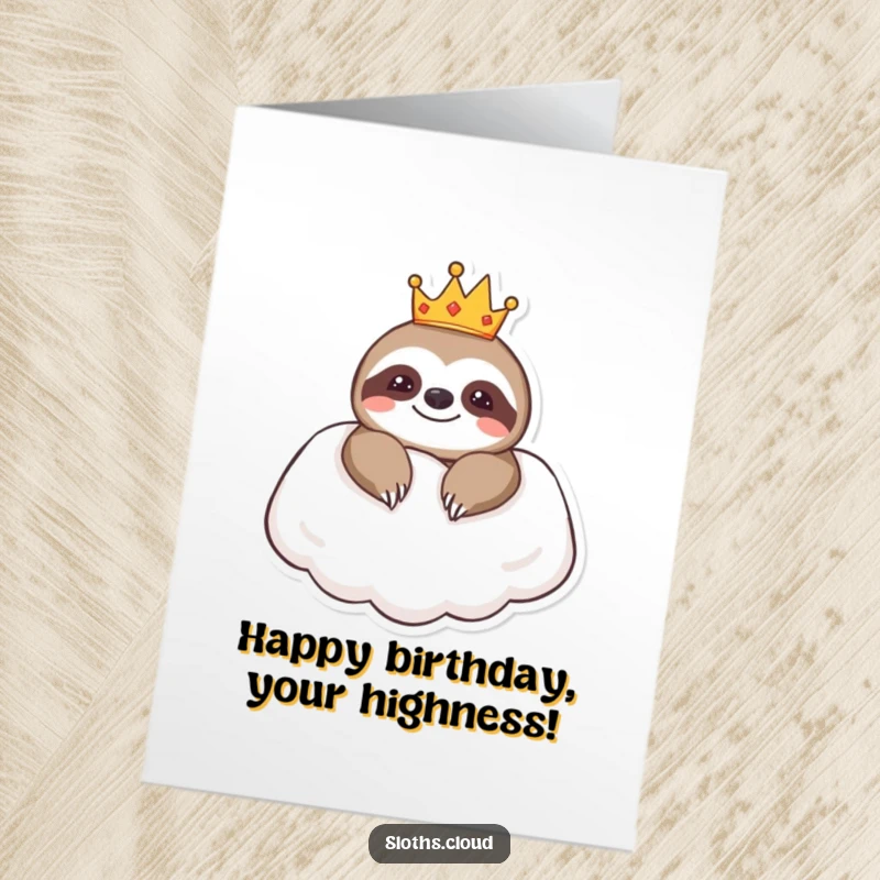 Funny Free Printable Birthday Card: A sloth wearing a tiny crown rests regally on a soft cloud pillow.