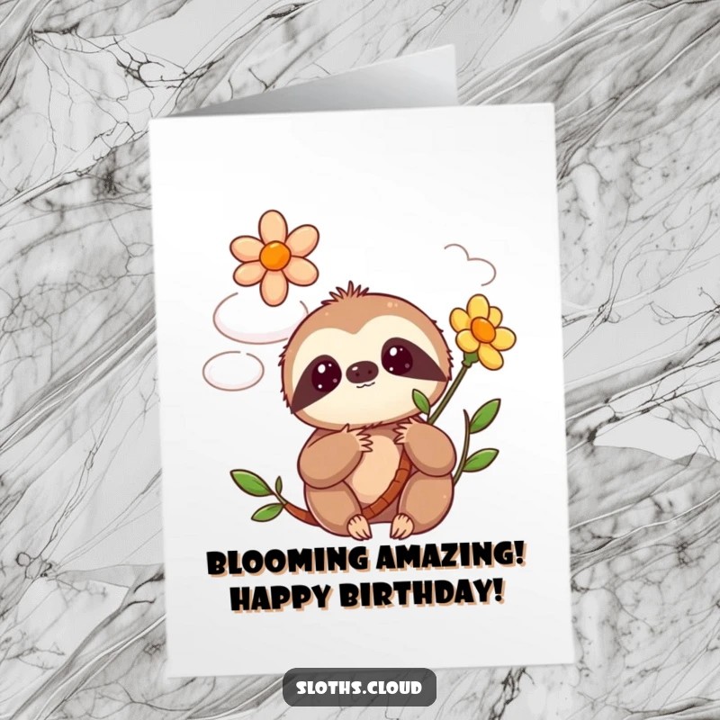Funny Free Printable Birthday Card: Kawaii sloth with wide eyes, surprised by a flower blooming from a cloud.