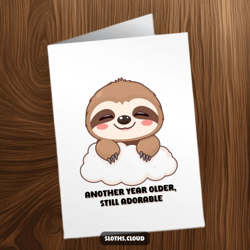 Funny Free Printable Birthday Card featuring a cute sloth peeking over a cloud with a sleepy, mischievous grin.