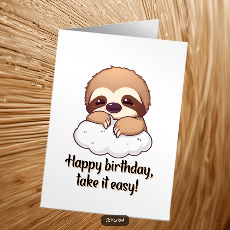 Free Printable Birthday Card: A playful sloth gently nudges a soft, fluffy cloud with its nose, dreaming happy dreams.