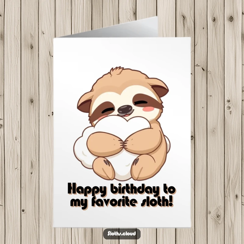 Free Printable Birthday Card: A contented sloth hugs a fluffy cloud tightly, radiating pure happiness and comfort, printable.