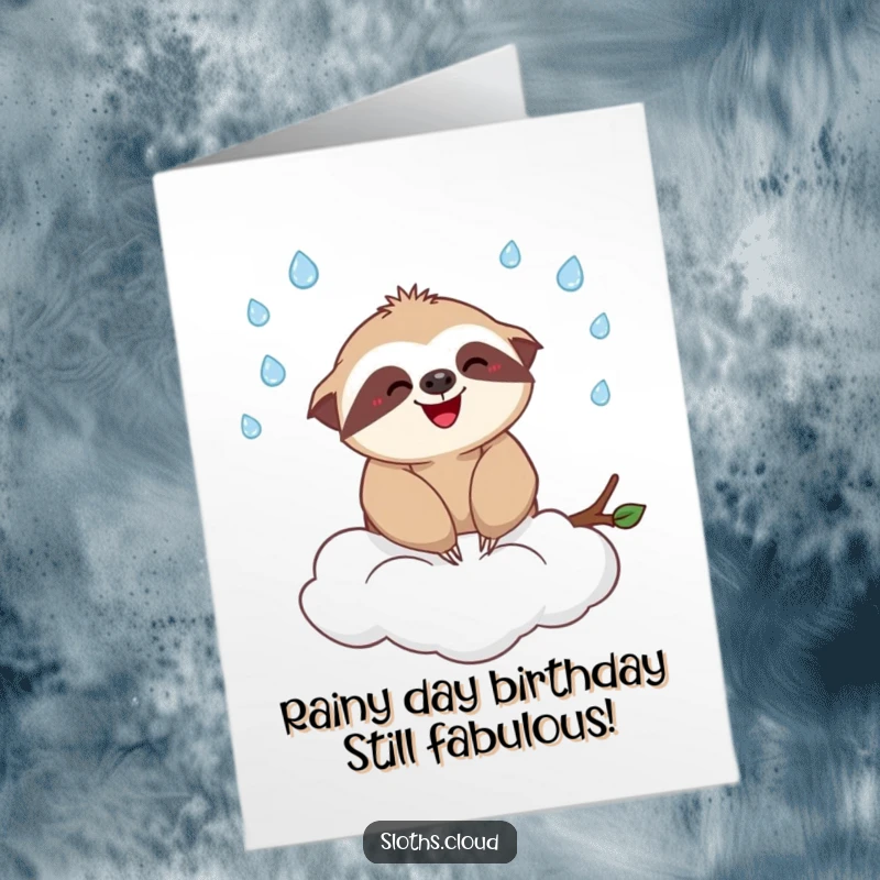 Funny Free Printable birthday card featuring a happy sloth juggling tiny raindrops on a fluffy cloud, perfect for a whimsical celebration.