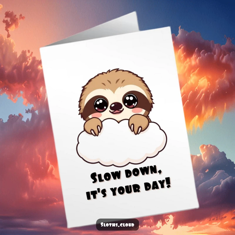 Funny Free Printable Birthday Card: A kawaii sloth with big, wide eyes peeking curiously over the fluffy edge of a cloud, sending birthday greetings.