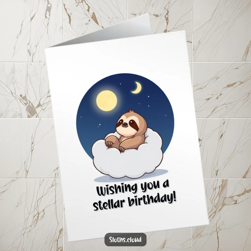 Funny Free Printable birthday card with a sloth lounging comfortably in an armchair made of cloud, gazing at the moon.
