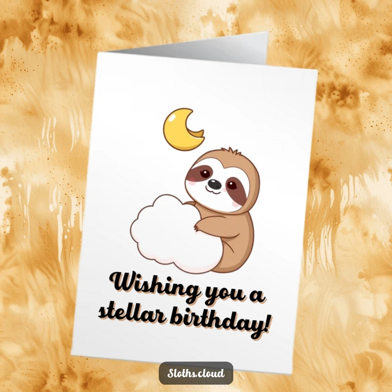 Funny free printable birthday card with a sloth chilling on a cloud next to a smiling moon, perfect for a whimsical celebration.