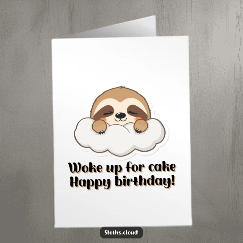 Funny Free Printable Birthday Card: A sleepy sloth peeks shyly from behind a fluffy cloud.