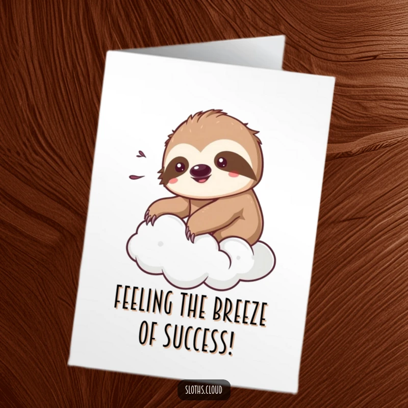 Funny Free Printable Congratulations Card: A content kawaii sloth sits on a cloud, feeling a pleasant breeze.