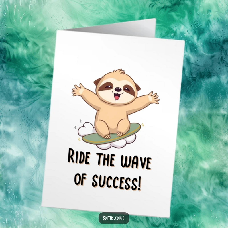 Funny Free Printable congratulations card showing a brave sloth riding a cloud like a surfboard, capturing the thrill of victory.