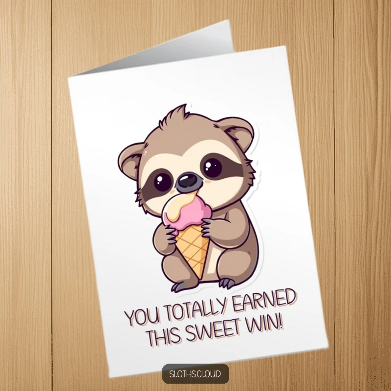 Funny Free Printable Congratulations Card: Adorable kawaii sloth with a melting ice cream cone, looking amused at the achievement.