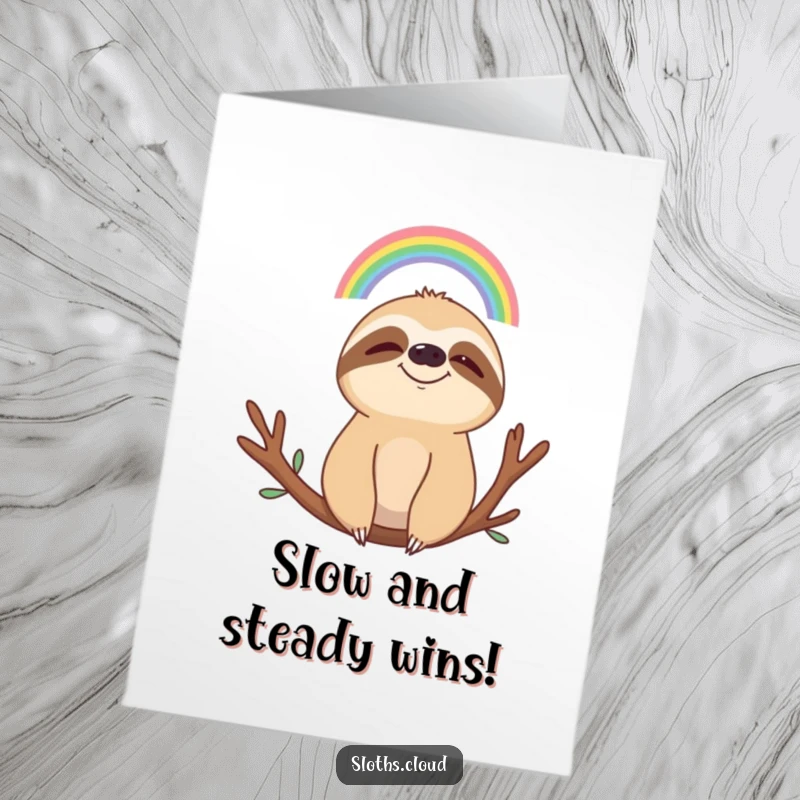 Free Printable Congratulations Card: A tranquil sloth smiles peacefully, observing a small, hopeful rainbow above.