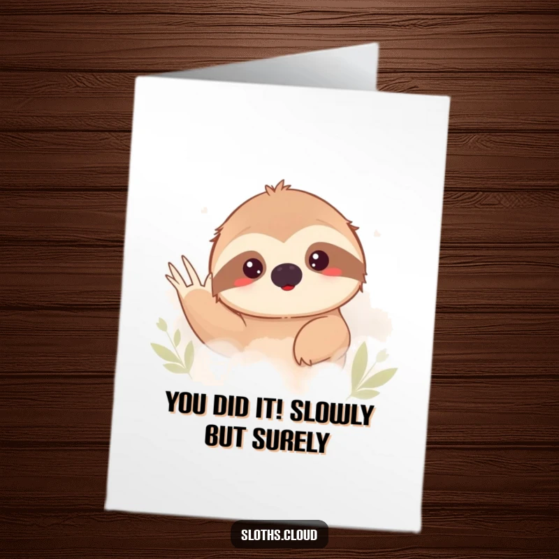 Funny Free Printable Congratulations Card featuring a shy sloth hiding in fog, offering quiet praise, a cute downloadable greeting for achievements.
