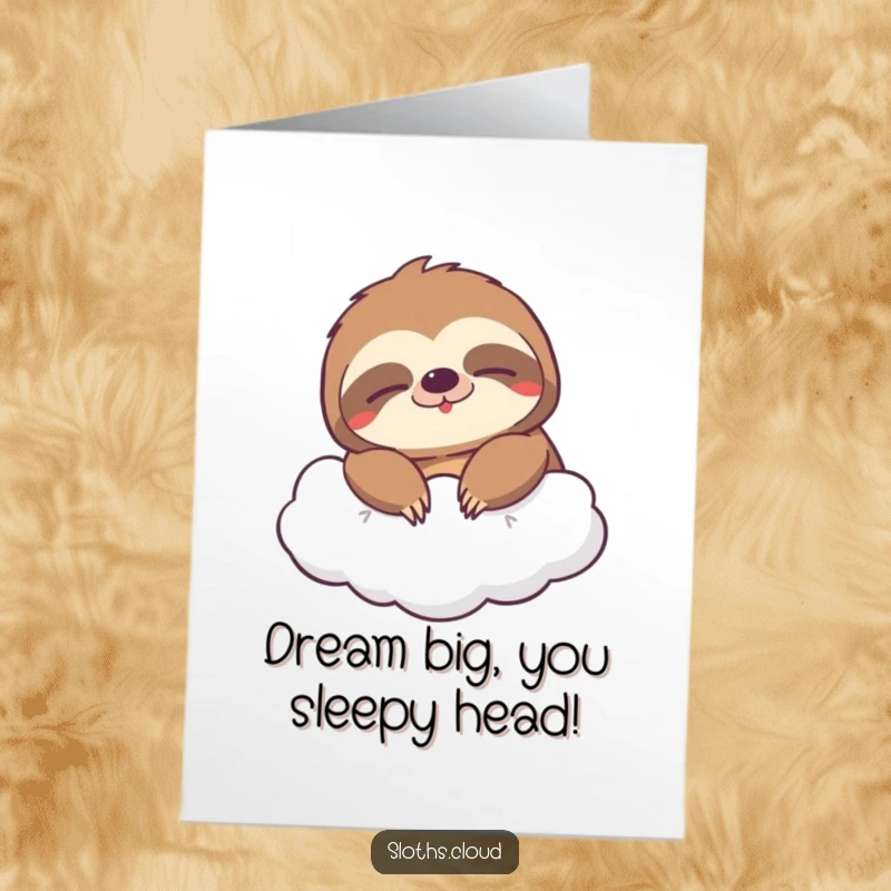 Funny Free Printable Sloth Congratulations Card: A happy, sleepy sloth floats on a cloud with a wide, infectious grin.