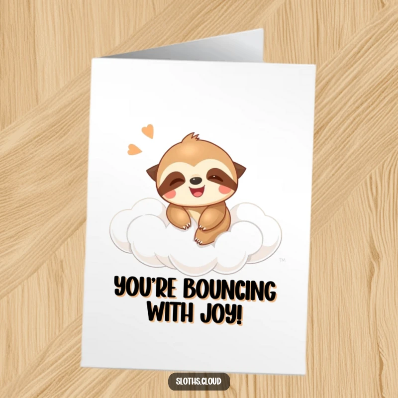 Funny Free Printable Sloth Congrats Card: A sloth giggling with delight while bouncing on a springy cloud, celebrating success with pure fun.