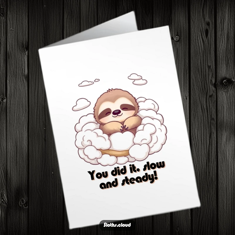 Funny Free Printable Sloth Congratulations Card featuring a serene sloth resting on clouds, ideal for acknowledging achievements.