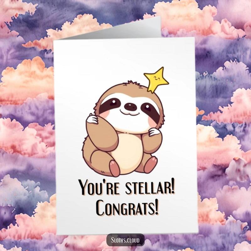 Sweet free printable congratulations card of a gentle sloth reaching out to touch a brightly sparkling star, symbolizing achievement.