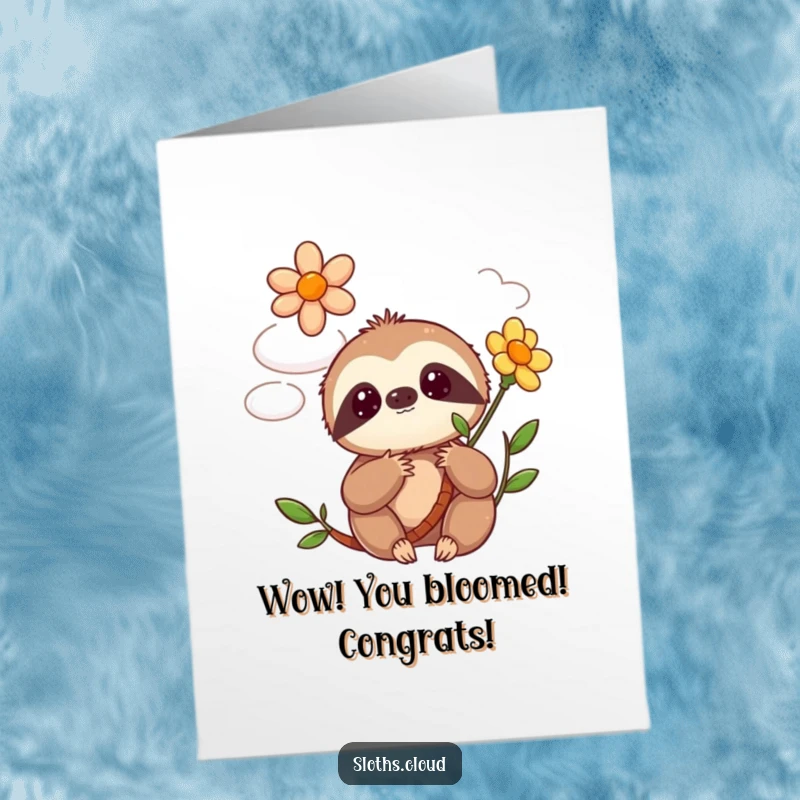 Funny Free Printable Congratulations Card: Kawaii sloth looking astonished as a flower sprouts from a fluffy cloud.