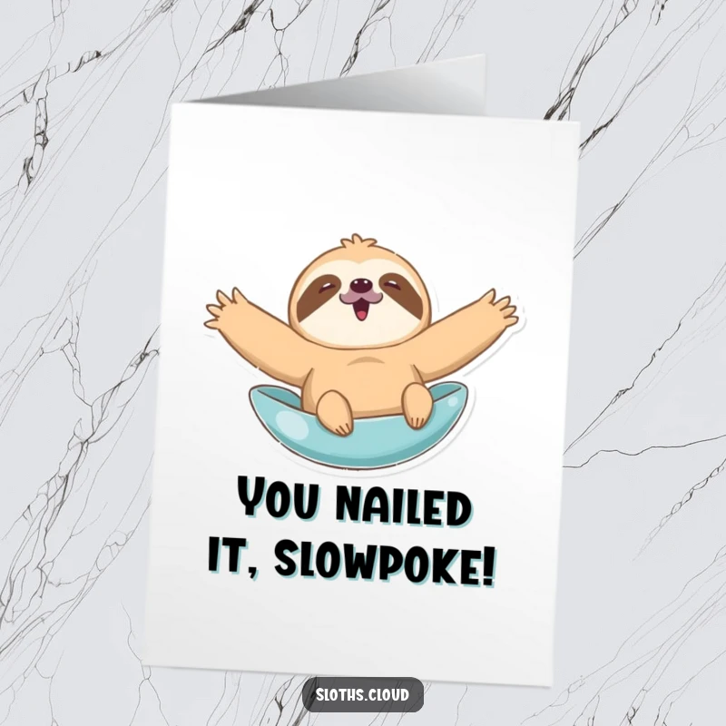 Funny Free Printable Congratulations Card: A delighted sloth floats with arms stretched wide, celebrating a fantastic achievement.