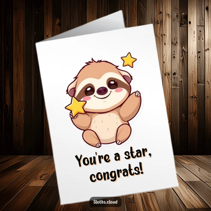 Funny Free Printable Congratulations Card: A kawaii sloth grinning silly, tossing a bright star, symbolizing success and a job well done.