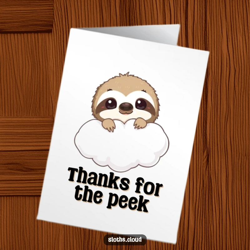 Funny Free Printable Thank You Card featuring a curious sloth peeking from a cloud, offering thanks with a playful spirit.