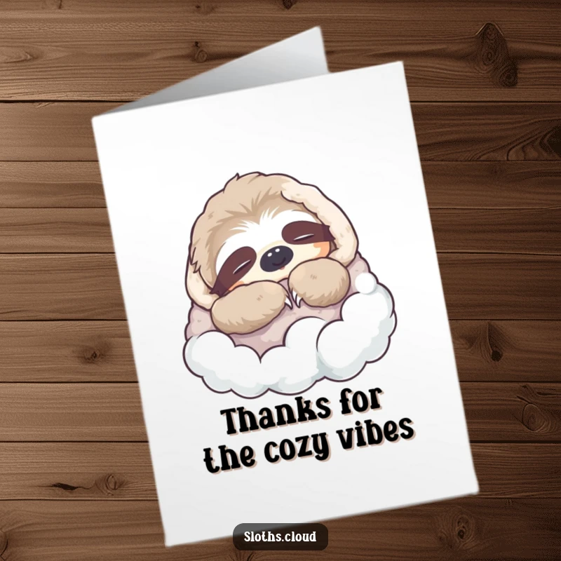 Funny Free Printable Thank You Card: Sloth snuggled in a cloud blanket napping, sending thanks. Cozy downloadable art.
