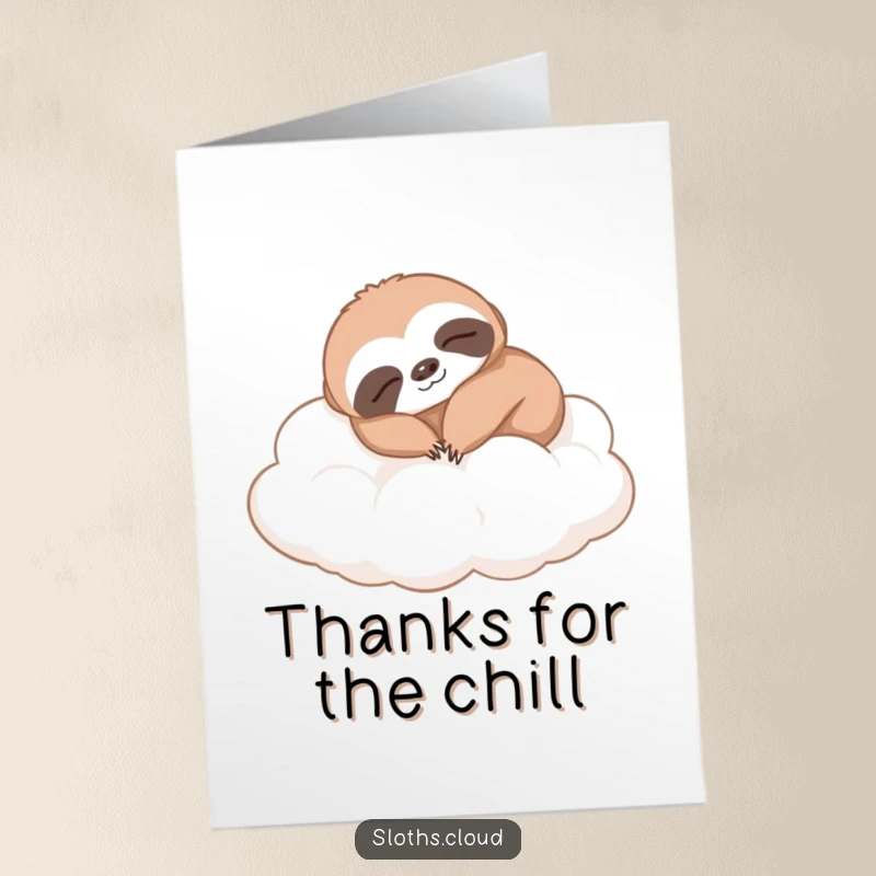 Funny Free Printable Thank You Card showing a sloth napping on clouds, conveying thanks with serene comfort.