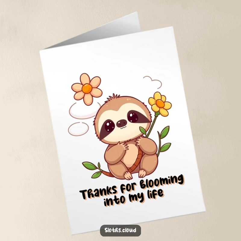 Funny Free Printable Thank You Card: Kawaii sloth with a shocked expression as a flower blooms from a cloud.