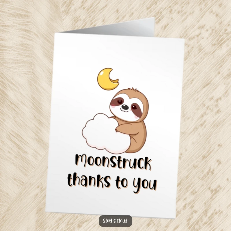 Funny free printable thank you card showing a sloth and a smiling moon cozily sharing a cloud, conveying heartfelt thanks.