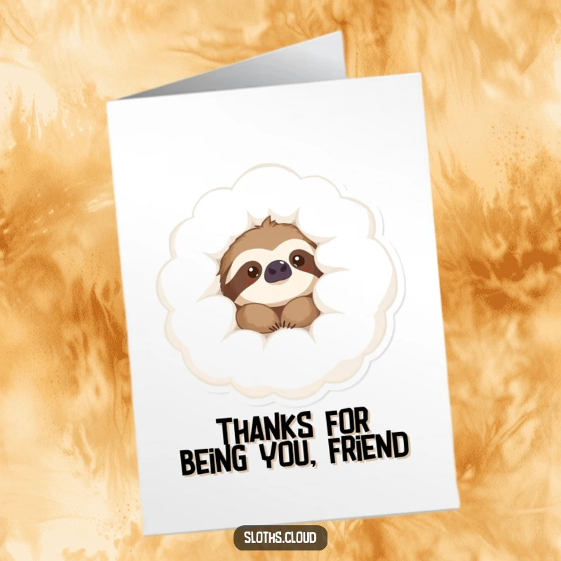 Funny Free Printable Thank You Card with a content sloth peeking from a cloud, expressing thanks.