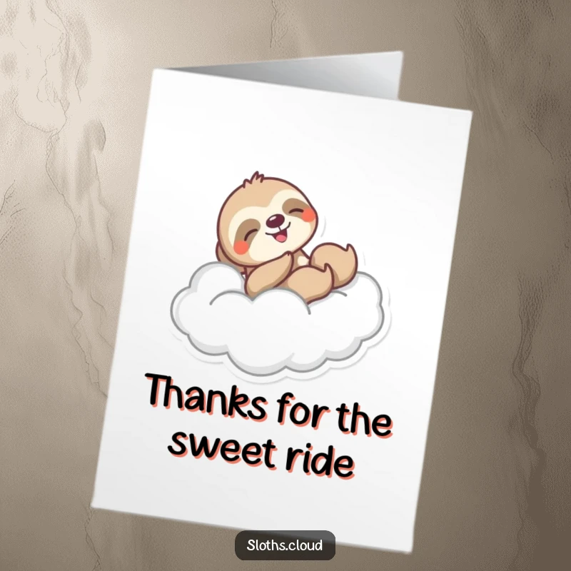 Free Printable Thank You Card: A sloth joyfully slides down a wispy cloud, sending happy thanks with a swoosh.