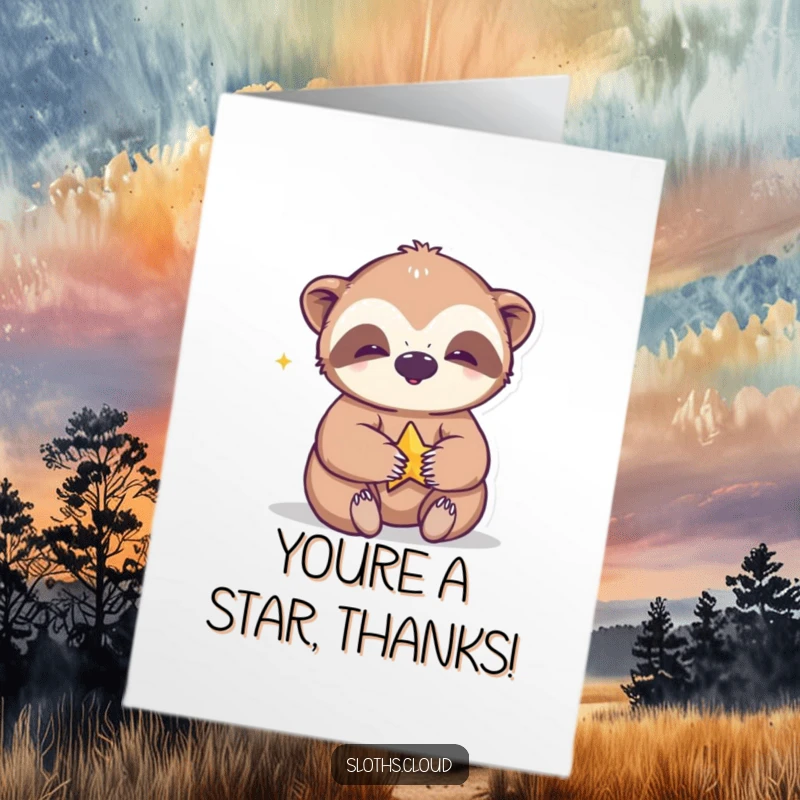 Funny Free Printable Thank You Card: A happy sloth giggles as it plays with a twinkling star.