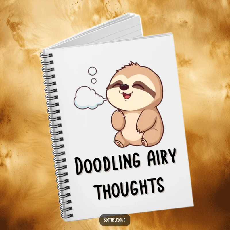 Funny Notebook with a joyful sloth blowing cloud-shaped air, perfect for journaling and jotting down creative ideas.